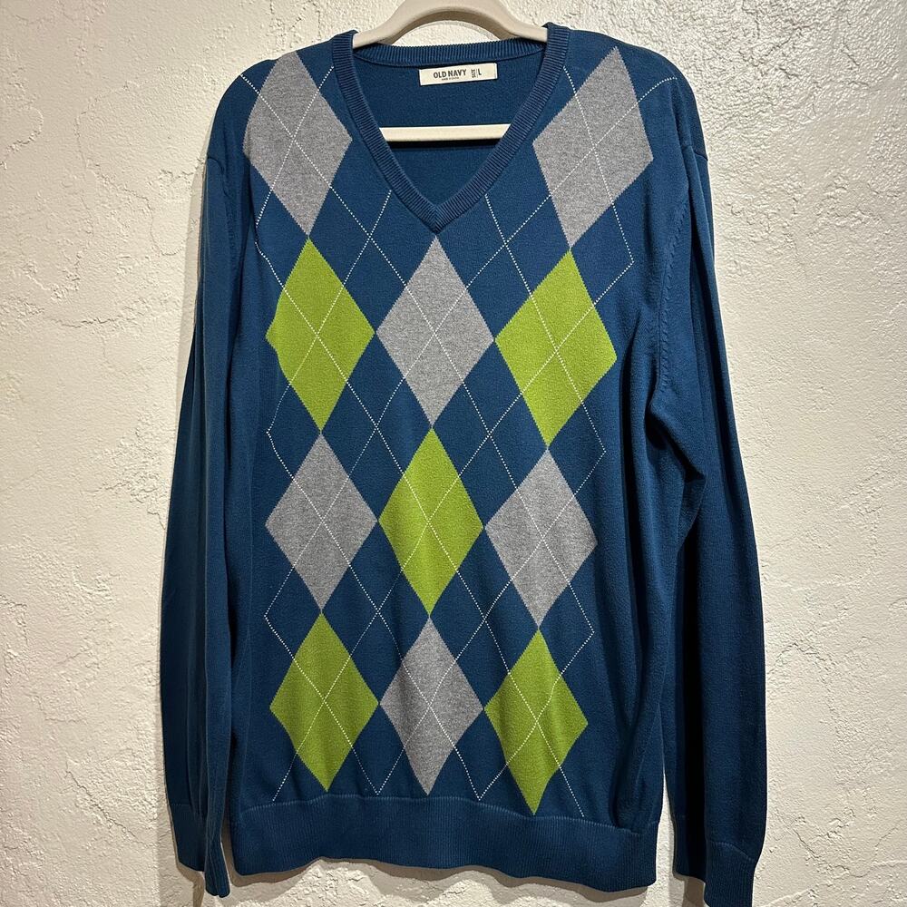 Old Navy Size Large Argyle V-Neck Sweater 100% Cotton Lightweight Pullover Men's